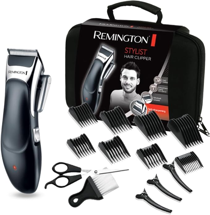 Remington Máquina de Cortar Pelo Stylist, Cortapelos con Cable e Inalámbrico, Cuchillas de Cerámica Avanzada, 8 Peines, 40 min Autonomía, Palanca Selección Longitud, Maletín y 5 Accesorios - HC363C, u