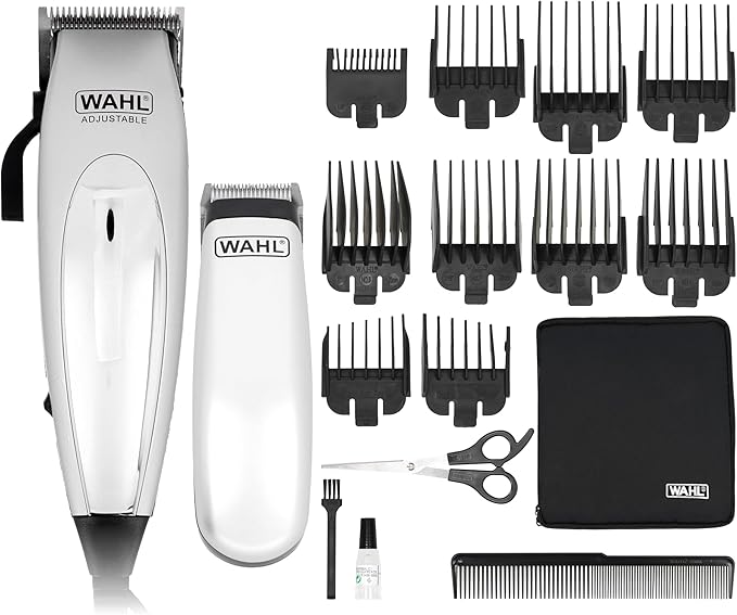 WAHL Home Pro Deluxe Combo cortadora de pelo eléctrica con cable y palanca de ajuste, 8 peines guía, kit con recortadora a pilas, tijeras y peine