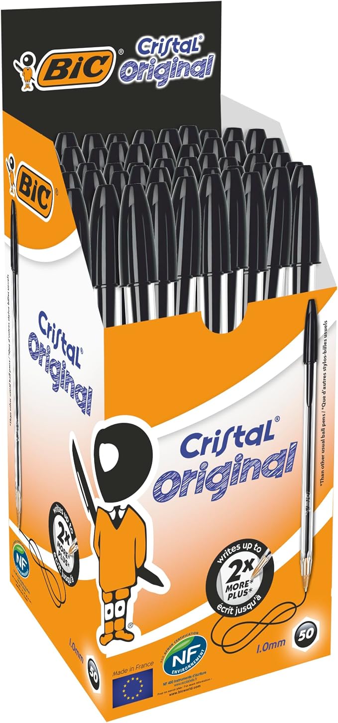 Bic Cristal Original 8373631 - Caja de 50 Unidades, Bolígrafos Punta Media (1,0 Mm), Color Negro
