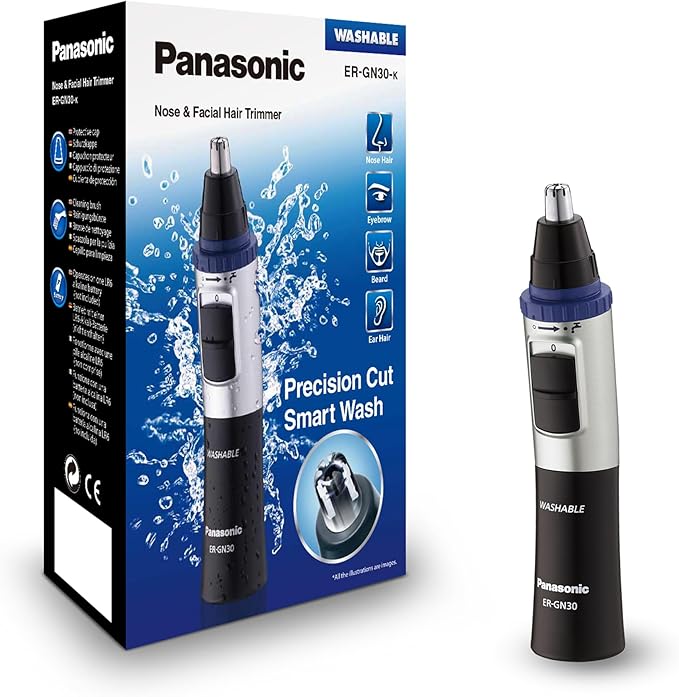 Panasonic ER-GN30-K503 Recortadora De Vello Facial para Nariz y Orejas, Húmedo/Seco, Cuchilla Hipoalergénica de Doble Filo, Sistema de Limpieza Vortex, Inalámbrico, Negro