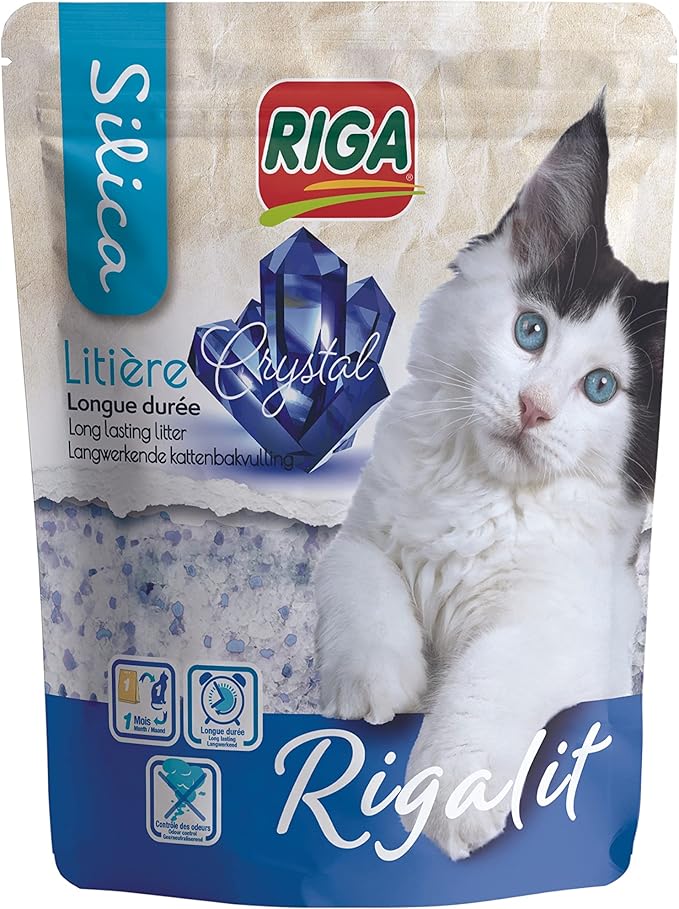 Riga - Rigalit Crystal - Arena para Gatos Absorbente de Origen Mineral - Gel de Sílice - Absorbe los olores - Desarrollo Antibacteriano - 2,2 kg