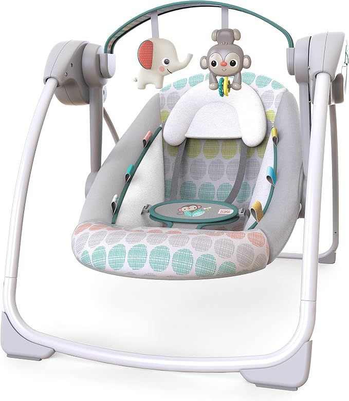 Bright Starts, Columpio Automático Portátil de 6 Velocidades con Velocidad Adaptable, Taggies, Música, Barra de Juguetes Extraíble, 0-9 Meses 6-20 lbs (Whimsical Wild)