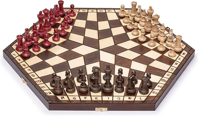 Husaria Ajedrez de Madera para Tres Jugadores - 54 centimetros - con Tablero Plegable, Piezas de Juego Hechas a Mano y Almacenamiento Forrado en Fieltro