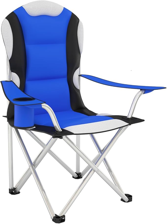 tectake® Silla de Camping Plegable, Cómodo Acolchado, Impermeable, para Jardín y Playa, Bolsa de Transporte, Soporte para Bebida, Silla Plegable Exterior, Sillas de Playa, Sillas Camping - Azul