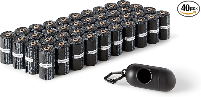 Amazon Basics Bolsas de basura para perros con dispensador y clip para correa, sin perfume, 600 bolsas (40 paquetes de 15 bolsas)