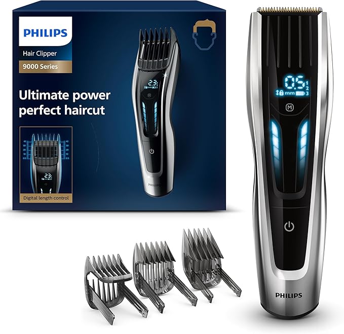 Cortapelos serie 9000 de Philips, afeitadora eléctrica y recortador para hombres, control táctil digital, potencia máxima, corte de pelo perfecto, cuchillas de titanio, 400 posiciones de longitud, 120