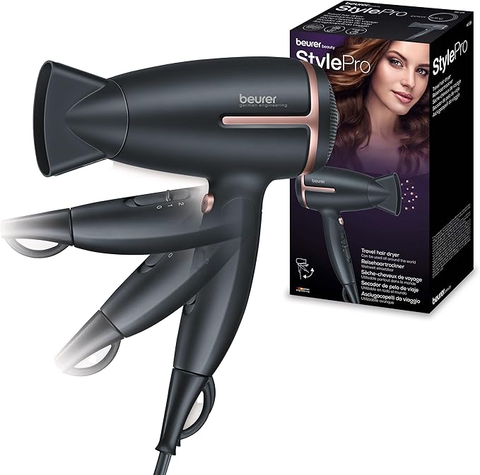 HC 25 de Beurer secador de viaje plegable con función de iones, potente secador de pelo, para un cabello suave y liso, para viajes, 1600 vatios, adaptación de tensión universal 110-120/220-240 V