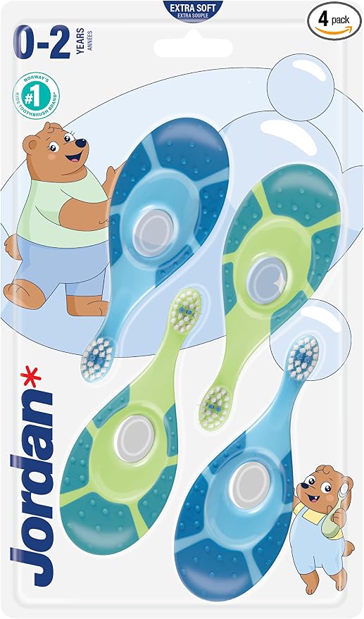 Jordan ® | Step 1 | Cepillo de dientes para bebé 0-2 años | Original con cerdas extra suaves, anillo de mordida suave para encías y fácil agarre | Pack 4 Unidades | Azul y verde