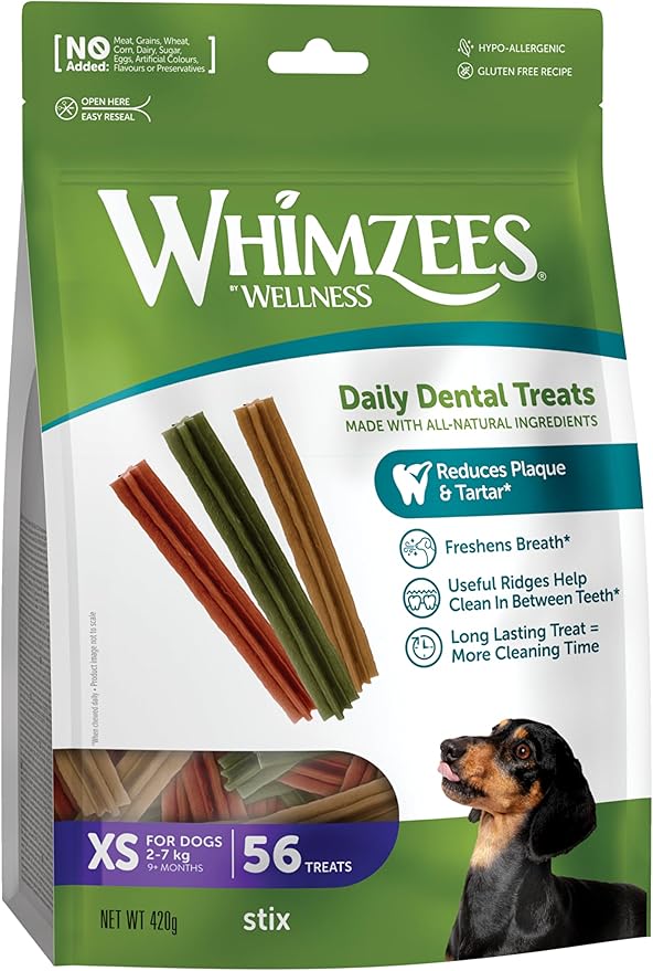 WHIMZEES Palitos XS, 56 Piezas – Talla XS, Golosinas par Perros Muy Pequeños, Naturales y Sin Cereales, Vegetarianas, Sin Azúcares Añadidos