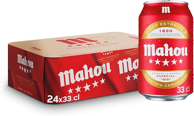 Mahou 5 Estrellas, Cerveza Lager Dorada, Pack 24 Latas x 33cl