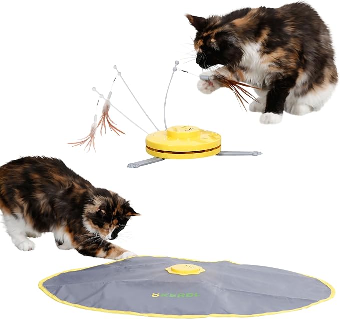 Kerbl Pet Juguetes para Gatos 2 en 1 Catch The Tail Feather, Amarillo, Gris, 70x53x5 cm, Nailon, Gatos, función de Apagado automático, Antideslizante