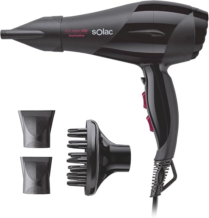 Solac - Secador de Pelo SP7170 Expert 2600 Tourmaline, 2600W, 2 Velocidades + 3 Temperaturas, Aire Frío, Difusor, Función Iónica Antiencrespamiento, Secado Rápido, Cable 180 cm, Negro