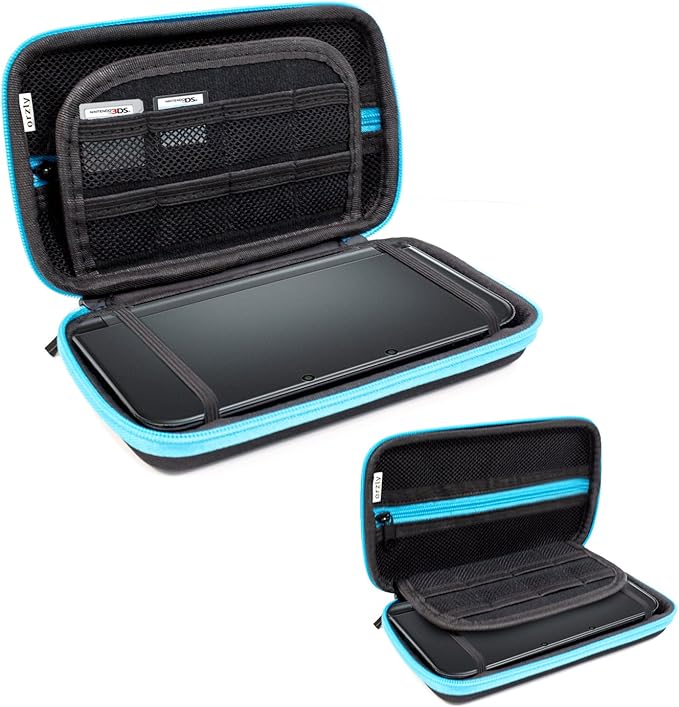 Orzly Funda para Nintendo 3DS XL (Original) o New 3DS XL (Nueva) - Funda Dura de Viaje para Llevar la Consola con Ranuras para Juegos y Bolsillo con Cremallera – Azul sobre Negro