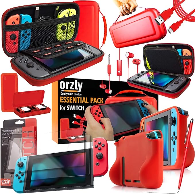 Orzly ULTIMATE PACK Accesorios para Nintendo Switch [Incluye: Protectores de Pantalla, Cable USB, Funda para Consola, Estuche Tarjetas de Juego, Funda Comfort Grip Case, Auriculares] – ROJO