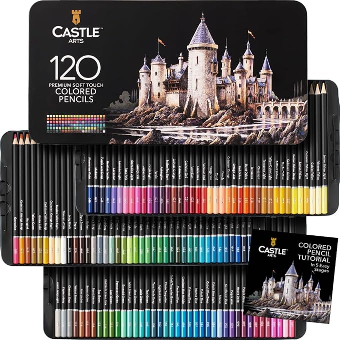 Castle Art Supplies Juego 120 Lápices Colores | Minas Blandas de Colores para Artistas Experimentados, Profesionales e Ilustradores | Protegidos y Organizados en un Estuche de Presentación Metálico