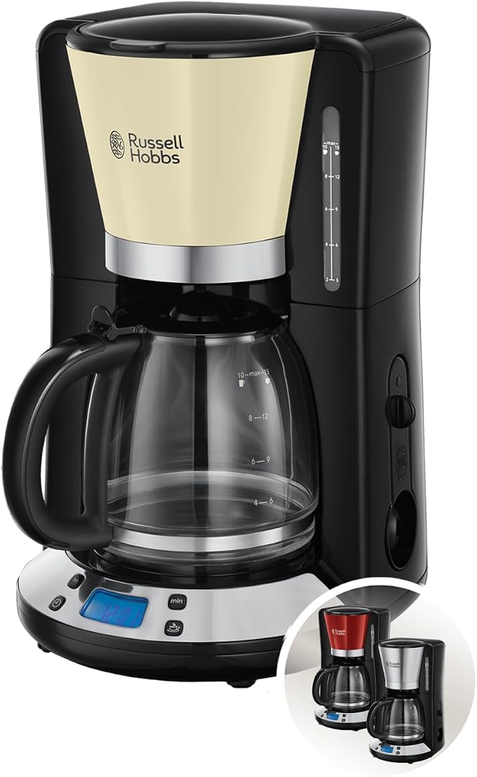 Russell Hobbs Cafetera de Goteo Colours Plus - 15 Tazas, Jarra Cristal 1,5L, Soporte Filtro Extraíble, Tecnología WhirlTech, Cuchara Medidora, Pantalla LCD, Programable, Negro y Crema - 24033-56