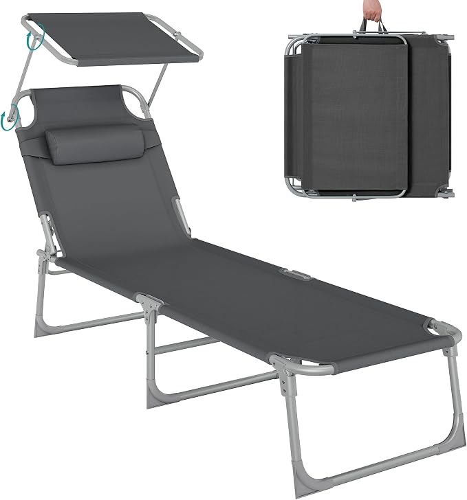 SONGMICS Tumbona, Tumbona Reclinable, 193 x 53 x 29 cm,Carga de 150 kg, con Reposacabezas de Protección Solar y Respaldo Reclinable, para Terraza, Piscina, Jardín, Gris Oscuro GCB19UV1