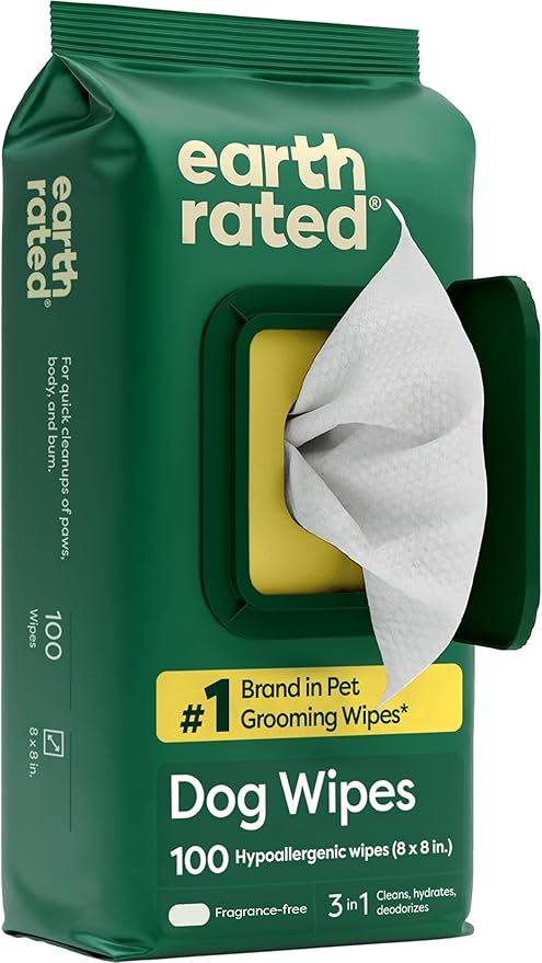 Earth Rated Toallitas hipoalergénicas para Perros, para Limpiar y Eliminar olores de Patas, Cuerpo y Trasero, Cachorros y Perros Adultos, sin Aroma, 100 Unidades