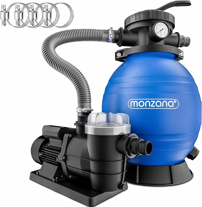 MONZANA® Depuradora Piscina 9.600L/h Filtro de Arena hasta 30.000L con Pre Filtro Válvula 7 Funciones Filtrado 400W Autocebante Adaptador Ø32-38mm Bomba Indicador de Presión