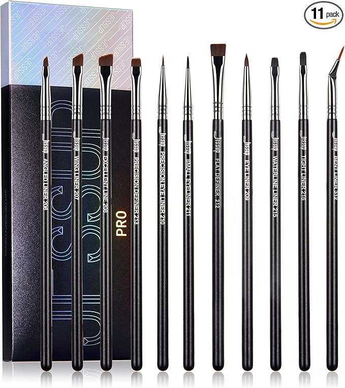 Jessup brochas de maquillaje ojos para delineador, 11pcs set de pinceles maquillaje ojos profesionales definir planos en ángulo con punta de lápiz doblada ultrafina para delineador precisión,T324