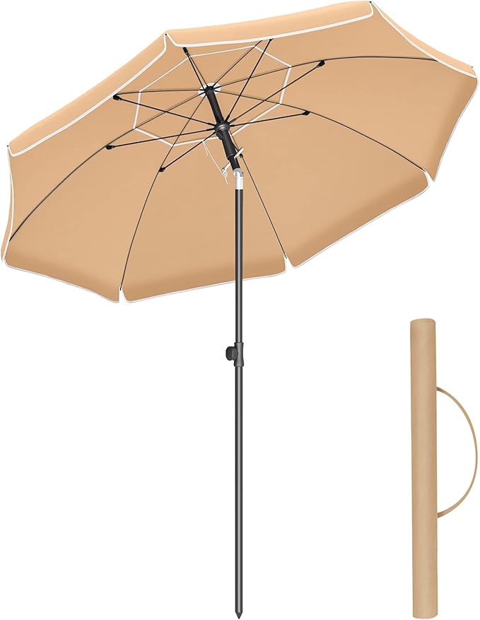 SONGMICS Sombrilla de 200 cm, UPF 50+, Inclinación Bidireccional de 30°, Altura Ajustable, con Bolsa de Transporte, para Balcón Jardín Terraza Playa, sin Base, Topo GPU65BRV1