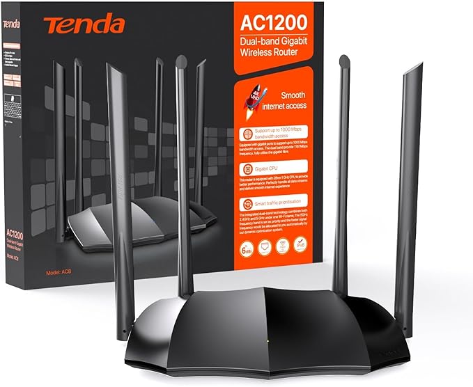 Tenda AC8 - Router WiFi AC1200, Doble Banda (5GHz/2.4GHz), WiFi Router Inalámbrico, Modo Punto de Acceso, 4 * 6dBi Antenas Externas, WAN/LAN Puertos Gigabit, Penetración de Paredes, IPV6, Mu-MiMo