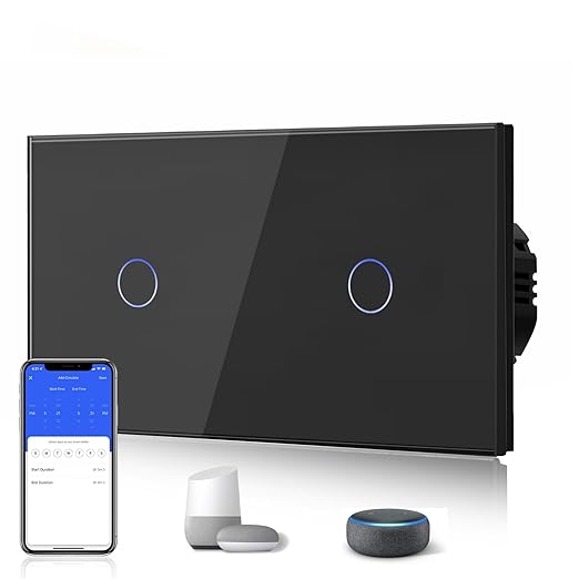 BSEED Interruptor Inteligente WIFI,Interruptores Tactil Con Cristal,Compatible con Alexa,Tuya y Smart Life,Requiere Cable Neutro,1 Gang 1 Vía,157mm Negro