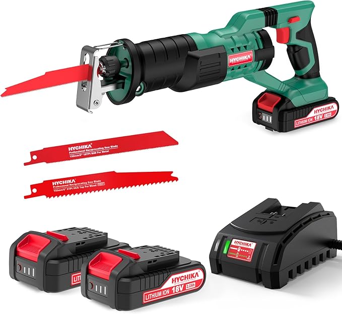 HYCHIKA 18V Sierra Sable Inalámbrica, Sierra Alternativa de 2 Baterías 2.0Ah, 0-2800 SPM, 2 Hojas de sierra, Cargador Rápido, Luces LED, Ideal para Cortar Madera y Metal
