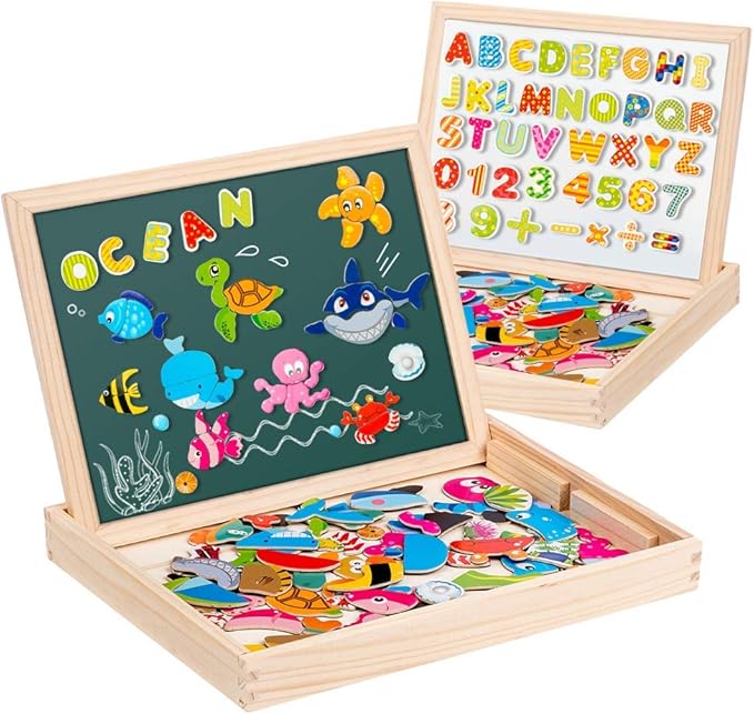 Uping Puzzle de Madera Magnético Puzzle de 90 Piezas Número de 40 Piezas y Alfabeto Tablero de Dibujo de Doble Cara Magnético Juguete Educativo para niños de 3 años+