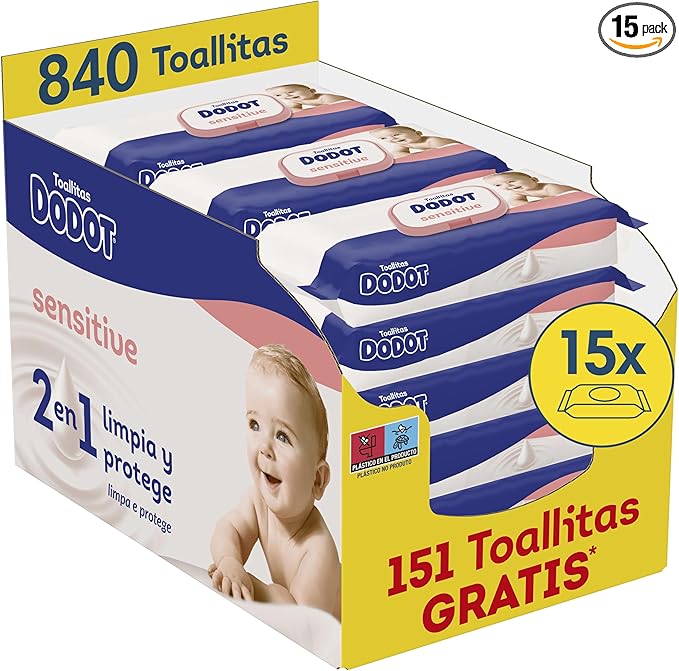 Dodot Toallitas Sensitive para Bebé, 15 Paquetes De 56 Unidades = 840 Toallitas, Óptima Protección para la Piel