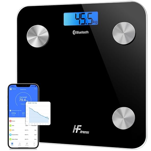 HomeFashion HFitness Báscula de Baño Inteligente 28×28 cm con 19 Mediciones Corporales, Báscula Digital de Grasa Corporal Bluetooth con App, IMC, Peso, Masa Muscular y Masa Ósea negra