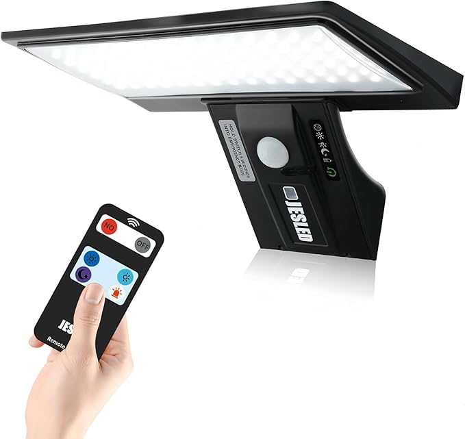 JESLED Luz Solar Exterior 90 LED, Foco Solar Potente con Sensor de Movimiento, Impermeable con 4 Modos Inteligentes para Jardín, Patio, Camino, Escalera