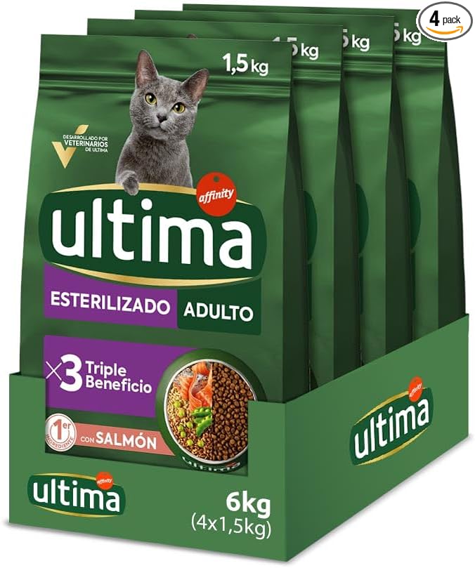 Ultima Esterilizado Adult Salmon, Comida seca para gatos, Pack de 4 x 1,5kg, Total 6kg