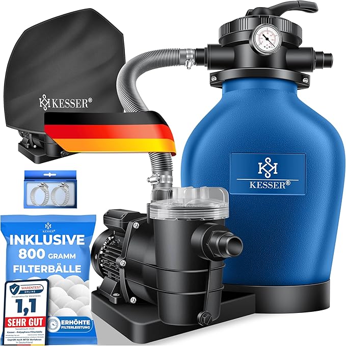KESSER® Sistema de filtración de Arena Filtro de Arena + 700 g de Bolas de filtración reemplazan 25 kg de Arena de filtración válvula de 4 vías con indicador de presión Filtro de Piscina, Azul