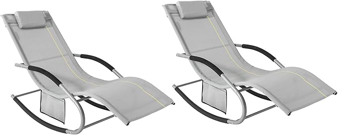 SoBuy Set 2 Tumbonas de Jardín Exterior con Cojín, 150×63×87cm hasta 150 kg | Set de 2 Sillas de Playa con Bolsillo Lateral, Estructura de Metal Robusta, Revestimiento Transpirable, Gris OGS28-HGx2