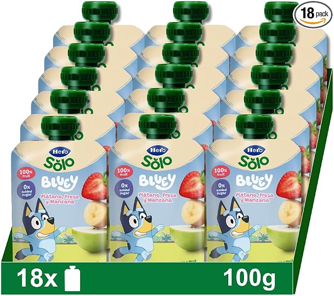 Hero Solo Bolsitas Plátano Fresa y Manzana Bebé Desde 6 Meses, 18 x 100 g
