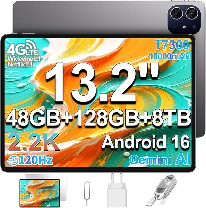 TECLAST ArtPad Tablet 13.2 Pulgadas 2.2K Android 16, 120Hz Tableta, 2.2GHz Octa-Core T7300, 10000mAh/18W, 48GB RAM+128GB(8TB TF), 4G LTE Dual SIM 5G WiFi, Widevine L1/GPS/OTG, Gemini AI Gaming Tablets