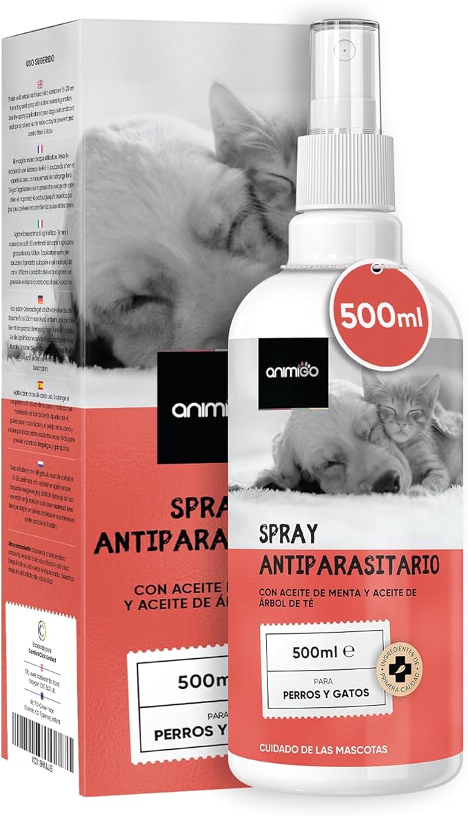 Spray Antiparasitario Perros y Gatos 500ml - Spray Antipulgas Perros y Gatos para Insectos, Ácaros, Mosquitos, Moscas y Garrapatas - con Aceites de Origen Natural, Repelente y Calmante para Picaduras