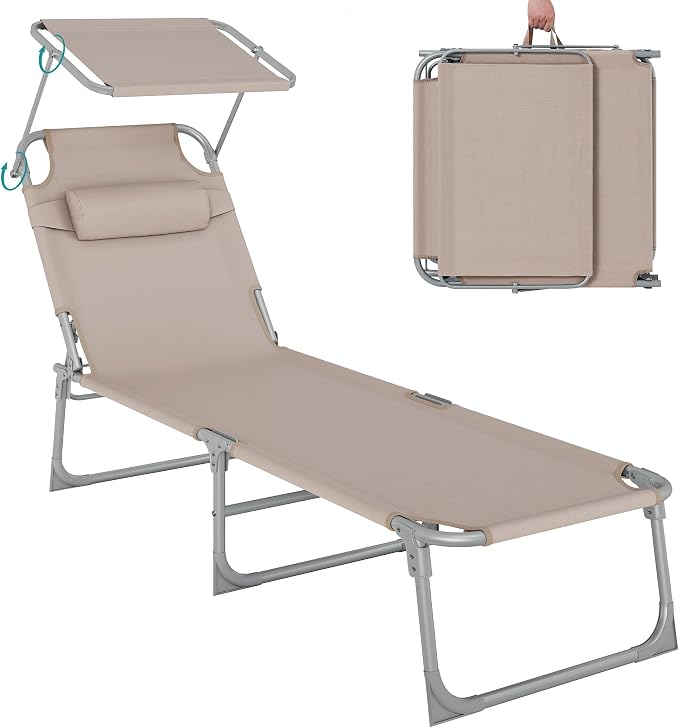 SONGMICS - Tumbona Plegable, Tumbona, 193 x 53 x 29 cm, Capacidad de Carga 150 kg, con Parasol y Respaldo reclinable, para jardín, Piscina, terraza, Color Topo GCB192K01