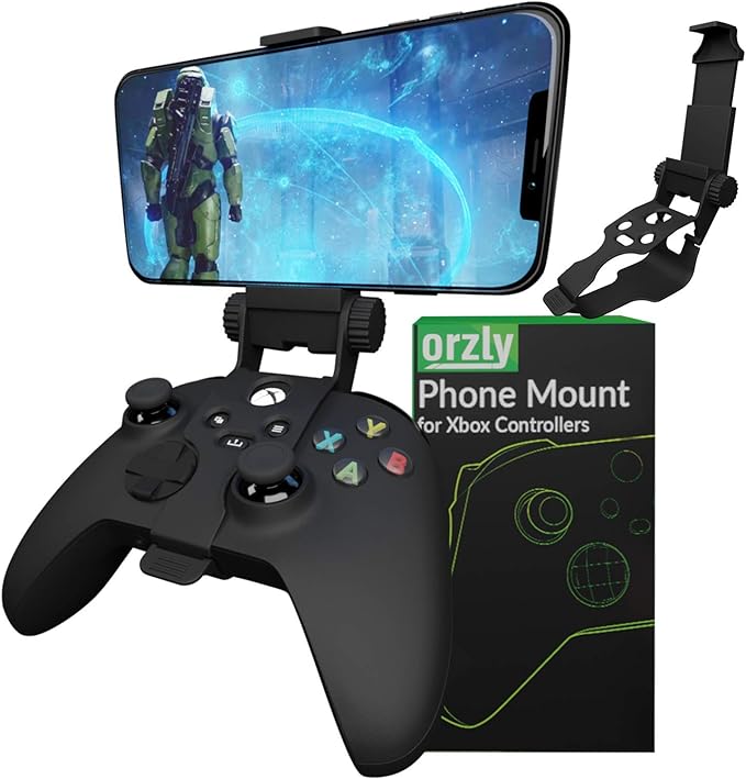Orzly Clip de juego móvil para controlador Xbox Series X, soporte de teléfono para controlador, abrazadera ajustable para teléfono compatible con Series X|S, One S, Xbox One X- Carbon Black