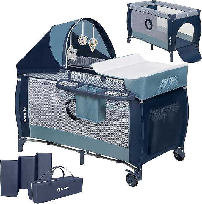 lionelo Sven Plus Cuna de Viaje para bebés 0-36M para niños hasta 15 kg Función de Cambiador Mosquitero Apertura Lateral con Cremallera Ajuste de Altura (Azul Oscuro)