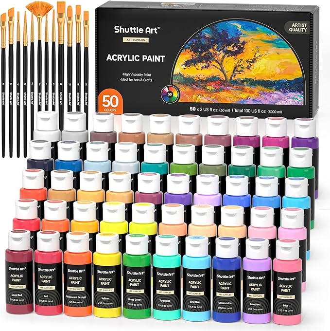Shuttle Art 62PCS Pintura Acrílica, 50 Colores Acrílico (60 ml) con 12 Pinceles, Ricamente Pigmentado, Pintura para Tela Lienzo Piedra Madera, Acrilicos para Pintar para Artistas, Principiantes