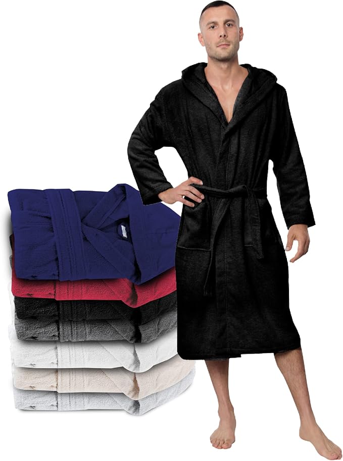 Twinzen Albornoz Hombre Ducha con Capucha 100% Algodon OEKO-TEX Bata Adulto Albornoz Baño Hombre con 2 Bolsillos y Cinturón