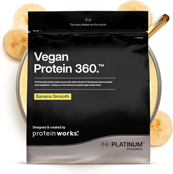 Protein Works | Vegan Protein 360 – PLATINUM Innovation, Proteína Vegana, 100% Vegetal, Omega 3, Electrolitos Añadidos, Batido Bajo en Grasa y Calorías, Plátano Suave, 57 Porciones, 2kg