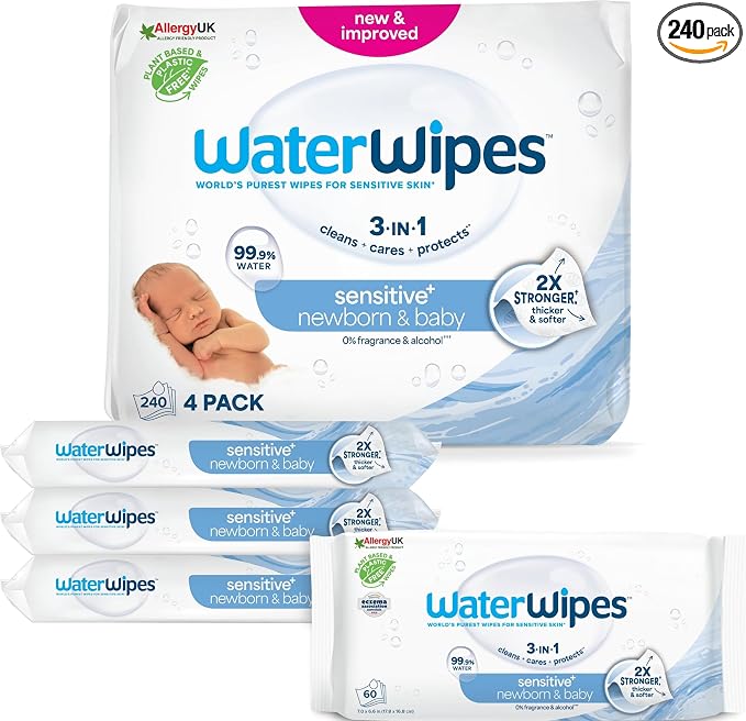 WaterWipes Sensitive+ Newborn & Baby Wipes, Toallitas Para Recién Nacidos y Bebés, 240 unidades (paquete de 4), 3 en 1 Limpia, Cuida, Protege, 99,9% Agua, Sin perfume