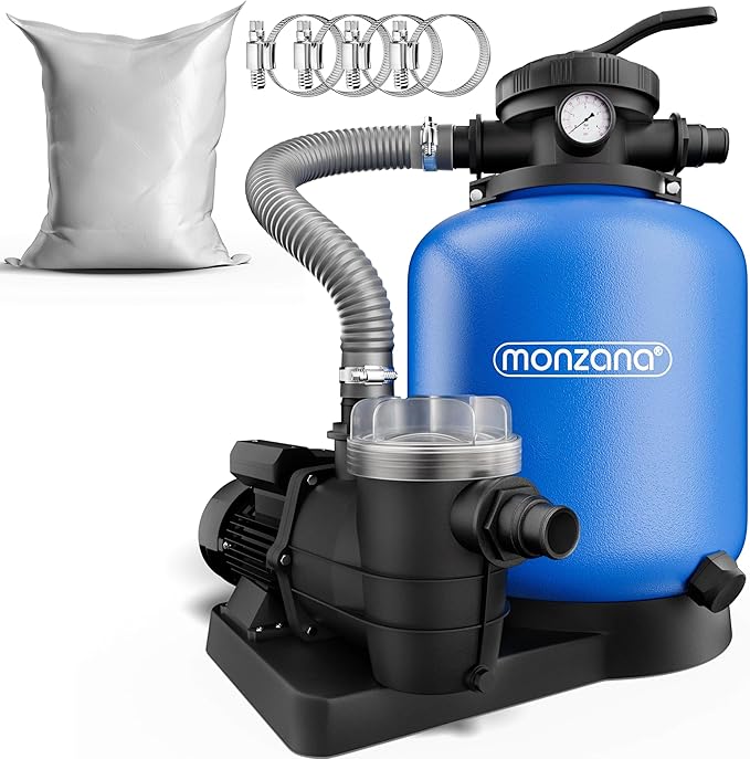 MONZANA® Depuradora Piscina 13.200L/h Filtro de Arena hasta 58.000L incl. Vidrio Filtrante Válvula 7 Funciones Filtrado 600W Adaptador Ø32-38mm Bomba Indicador de Presión