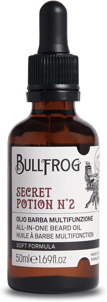 Bullfrog - Aceite Multifuncional para Barba Secret Potion N.2: Nutre, Suaviza y Facilita el Afeitado, Textura Ligera y Aromática, Fragancia Ambarina Especiada, Made in Italy, 50 ml