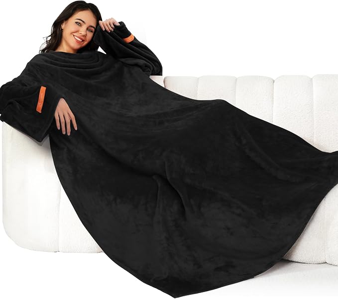 Winthome Manta con Manga, Manta Polar cálida, Cuverture portátil con Bandas de Velcro y elásticas, Manta sofá para Regalos, Invierno, Ahorro de costes de calefacción (Negro, 140 x 170 cm)