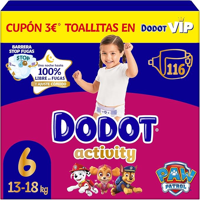 Dodot Pañales Bebé Activity Talla 6, 116 Pañales, 13kg+, Nuestro Nº1 en Absorción y Comodidad