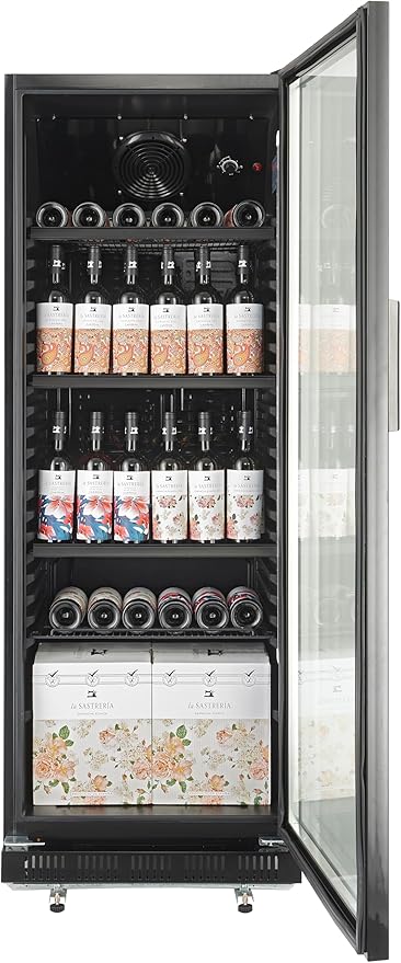 METRO Professional Frigorífico GSC2360B, nevera vertical con puerta de cristal, 347 L, negro, 180 W, 4 estantes ajustables para gastronomía, bar, restaurant, tiendas